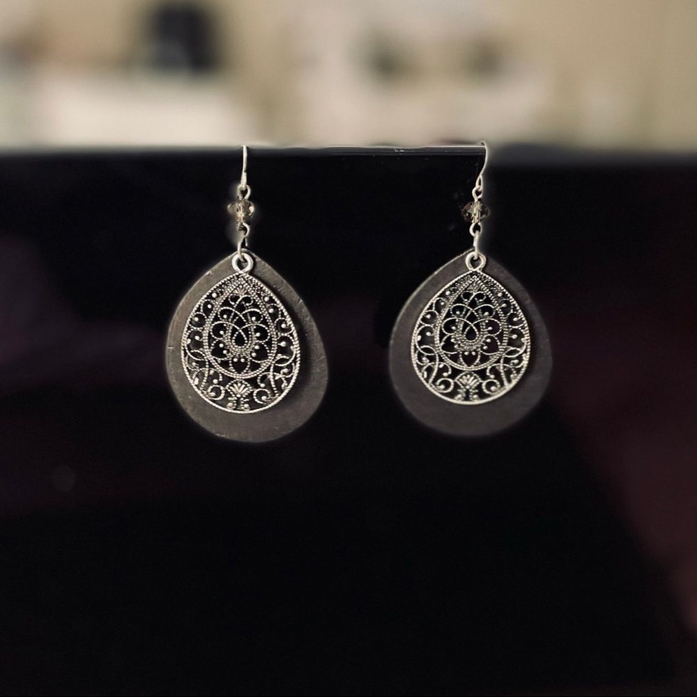 Vintage Ornate Earrings w/ Wood, Single Bead and Silver Tone